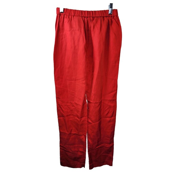 H&M Womens Size 2 Red Linen Blend Trousers Straight Leg Elastic Waist Pockets - Picture 4 of 7